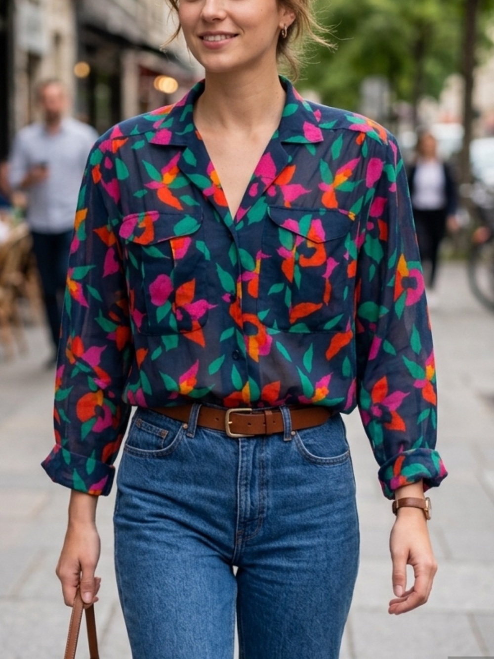 🌺 80s Vintage Liz Claiborne Semi-Sheer Navy Cotton Floral Shoulder Pads Blouse-4